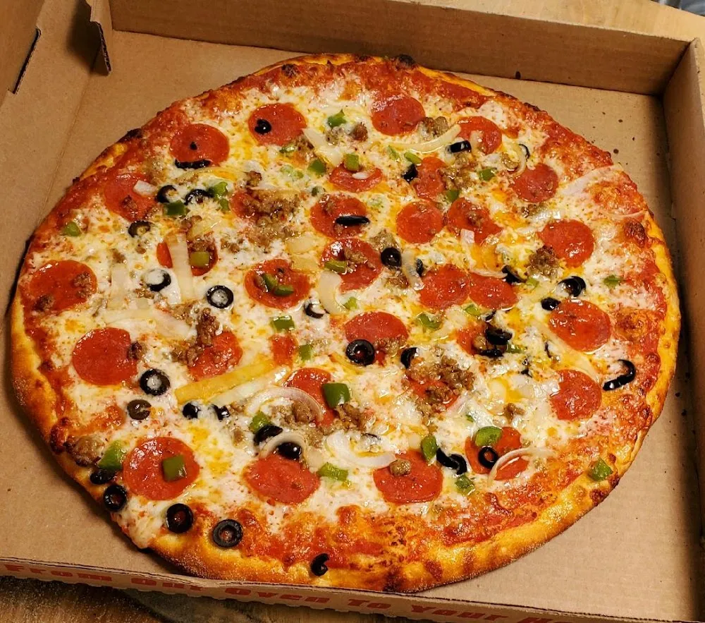 Supreme Pizza 5 Toppings Cheese Pepperoni Sausage Green Peppers Onions and Black Olives